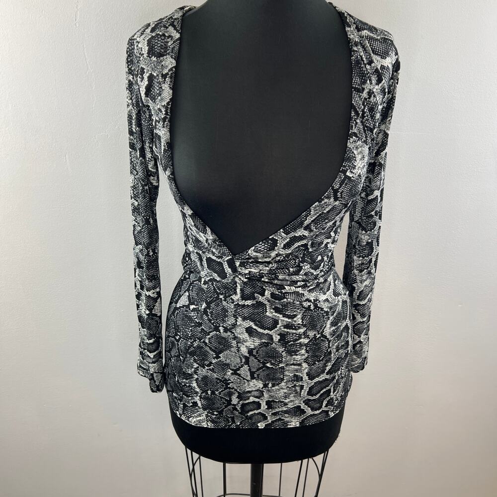 SKY White Black Deep Cut Blouse Top Snake Print Ruched Long Sleeve Size S Small - Picture 2 of 8
